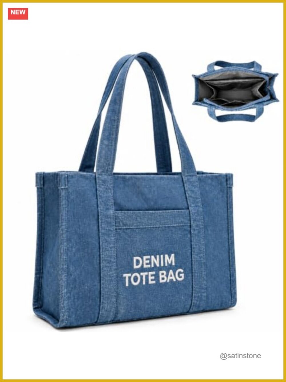 Large Denim Canvas Tote Bag with 12 Pockets and Zipper